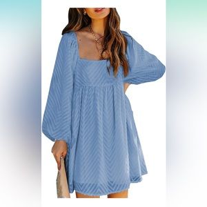 Light Blue Square Neck Long Sleeve Knee Length Dress Large